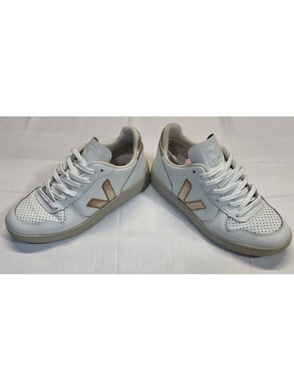 Veja V-10 White Leather Sneakers with Gold Accents, Size 38